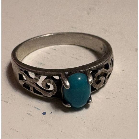 Sterling Jewelry - Genuine Turquoise Sterling Silver Ring (W.H. 925) – Filigree Scroll Band – Size